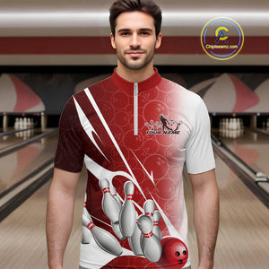 Custom Red Bowling Pattern Bowling Team Quarter-Zip Shirts For Men, Red Bowling Jerseys IPHW9427