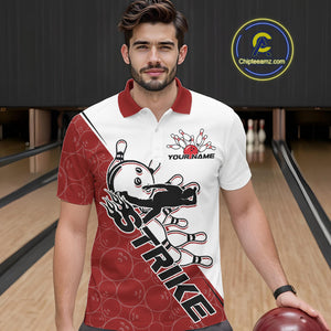 Cusom Red Strike Bowling Team Polo Shirts For Men, Bowling League Shirt Bowlers Outfit IPHW9259