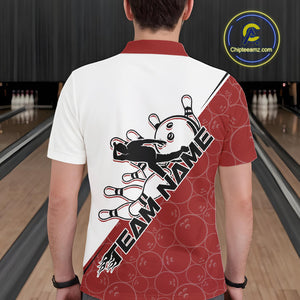Cusom Red Strike Bowling Team Polo Shirts For Men, Bowling League Shirt Bowlers Outfit IPHW9259