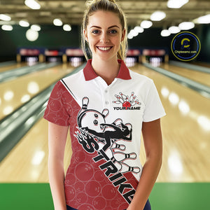 Cusom Red Strike Bowling Team Polo Shirts For Women, Bowling League Shirt Bowlers Outfit IPHW9259