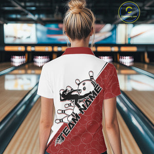 Cusom Red Strike Bowling Team Polo Shirts For Women, Bowling League Shirt Bowlers Outfit IPHW9259