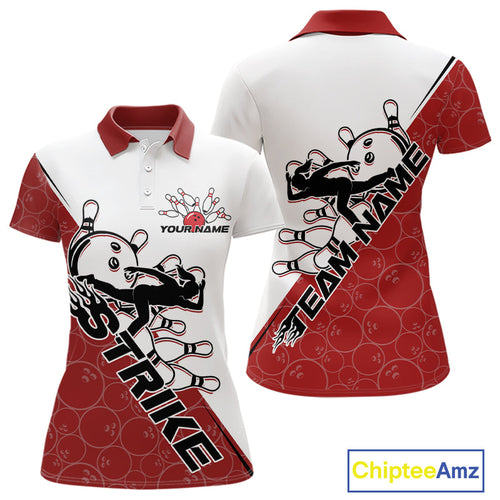 Cusom Red Strike Bowling Team Polo Shirts For Women, Bowling League Shirt Bowlers Outfit IPHW9259
