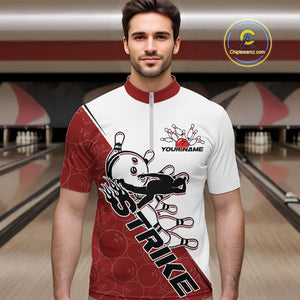 Cusom Red Strike Bowling Team Quarter-Zip Shirts For Men, Bowling League Shirt Bowlers Outfit IPHW9259