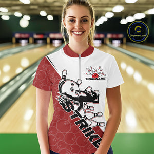 Cusom Red Strike Bowling Team Women Quarter-Zip Shirt, Bowling League Shirt Bowler Outfit IPHW9259