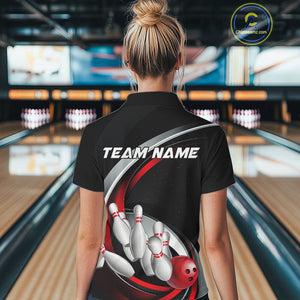 Custom Black And Red Bowling Team Jerseys, Bowler Uniform Bowling Polo Shirts For Women IPHW9276