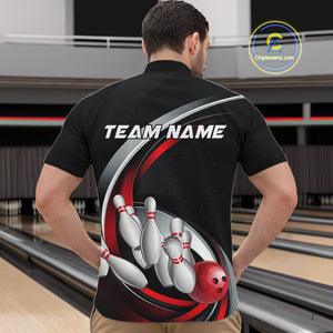 Custom Black And Red Bowling Team Jerseys, Bowler Uniform Bowling Quarter-Zip Shirts For Men IPHW9276