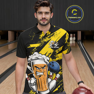 Custom Grunge Yellow Funny Bowling And Beer Polo Shirts For Men, Bowling Team Uniform IPHW9607