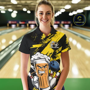 Custom Grunge Yellow Funny Bowling And Beer Polo Shirts For Women, Bowling Team Uniform IPHW9607