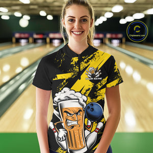 Custom Grunge Yellow Funny Bowling And Beer Women Quarter-Zip Shirt, Bowling Team Uniform IPHW9607