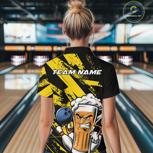 Custom Grunge Yellow Funny Bowling And Beer Women Quarter-Zip Shirt, Bowling Team Uniform IPHW9607