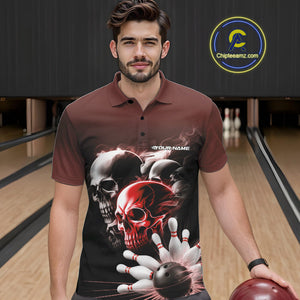 Custom Red Smoke Skull Bowling Polo Shirts For Men, Ghostly Halloween Bowling Outfit IPHW9520