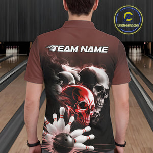 Custom Red Smoke Skull Bowling Polo Shirts For Men, Ghostly Halloween Bowling Outfit IPHW9520