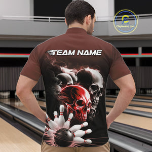 Custom Red Smoke Skull Bowling Quarter-Zip Shirts For Men, Ghostly Halloween Bowling Outfit IPHW9520