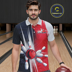 Custom Red, White And Blue Bowling Team Polo Shirts For Men, Bowling Jerseys IPHW9546