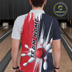 Custom Red, White And Blue Bowling Team Polo Shirts For Men, Bowling Jerseys IPHW9546