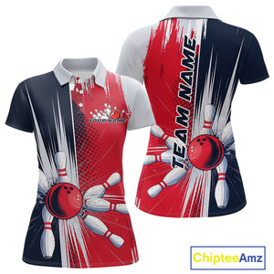 Custom Red, White And Blue Bowling Team Polo Shirts For Women, Bowling Jerseys IPHW9546