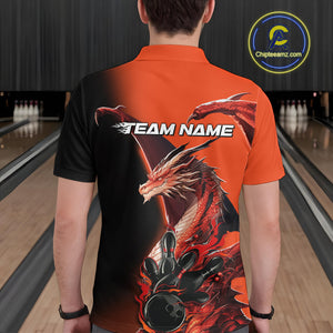 Custom Red Orange Dragon Flame Bowling Polo Shirts For Men, Bowling Tournament Shirt IPHW9330