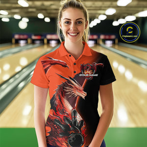 Custom Red Orange Dragon Flame Bowling Polo Shirts For Women, Bowling Tournament Shirt IPHW9330
