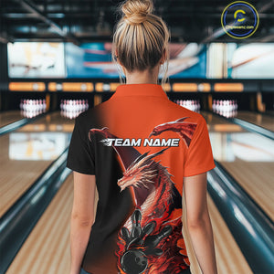 Custom Red Orange Dragon Flame Bowling Polo Shirts For Women, Bowling Tournament Shirt IPHW9330