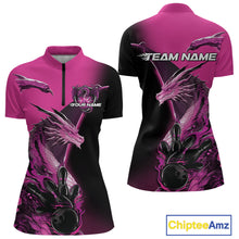 Load image into Gallery viewer, Custom Pink Dragon Flame Bowling Quarter-Zip Shirt For Women, Bowling Tournament Shirt IPHW9332