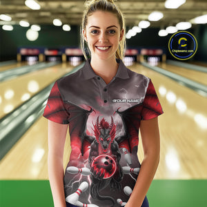 Custom Red Thunder Lightning Dragon Bowling Polo Shirts For Women, Team Uniform IPHW9103