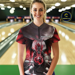 Custom Red Thunder Lightning Dragon Bowling Women Quarter-Zip Shirts, Team Uniform IPHW9103