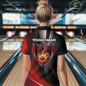 Custom Black And Red Dragon Bowling Quarter-Zip Shirts For Women, Dragon Bowling Jersey IPHW9342