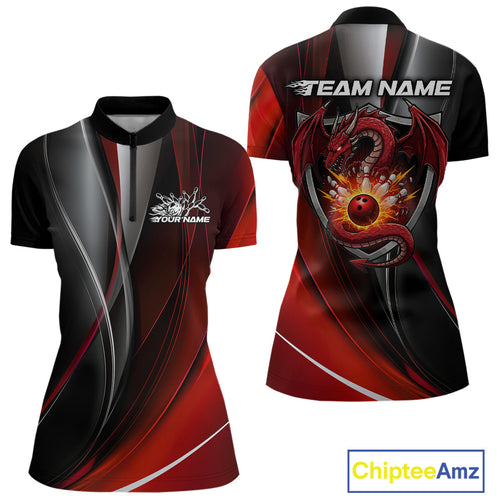Custom Black And Red Dragon Bowling Quarter-Zip Shirts For Women, Dragon Bowling Jersey IPHW9342