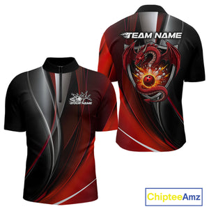 Custom Black And Red Dragon Bowling Quarter-Zip Shirts For Men, Dragon Bowling Jersey IPHW9342