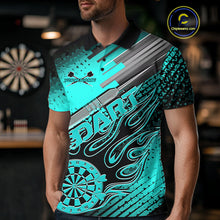 Load image into Gallery viewer, Custom Black And Turquoise Blue Flame Dartboard Dart Polo Shirts For Men, Dart Uniform IPHW9685