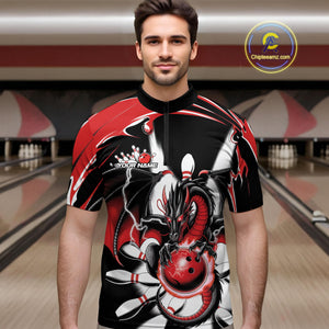 Custom Black And Red Dragon Bowling Men Quarter-Zip Shirts, Dragon Bowling Team Jerseys IPHW9108