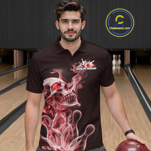 Custom Red Flame Smoke Skull Bowling Polo Shirts For Men, Halloween Bowling Outfit IPHW9495