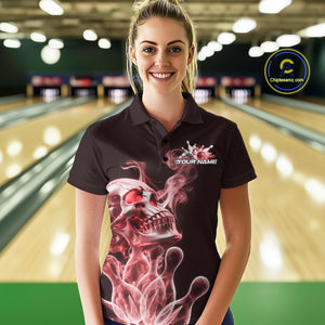 Custom Red Flame Smoke Skull Bowling Polo Shirts For Women, Halloween Bowling Outfit IPHW9495