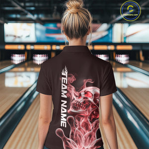 Custom Red Flame Smoke Skull Bowling Polo Shirts For Women, Halloween Bowling Outfit IPHW9495
