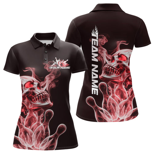 Custom Red Flame Smoke Skull Bowling Polo Shirts For Women, Halloween Bowling Outfit IPHW9495