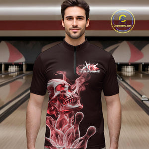 Custom Red Flame Smoke Skull Bowling Quarter-Zip Shirts For Men, Halloween Bowling Outfit IPHW9495