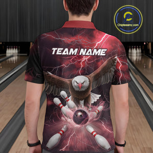 Custom Red Thunder Lightning Eagle Bowling Polo Shirts For Men, Eagle Bowling Jerseys IPHW9366