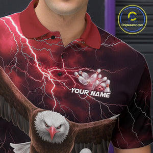 Custom Red Thunder Lightning Eagle Bowling Polo Shirts For Men, Eagle Bowling Jerseys IPHW9366