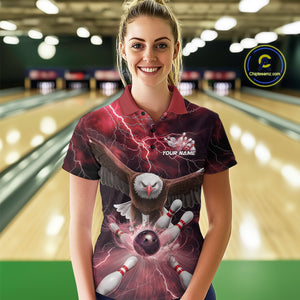 Custom Red Thunder Lightning Eagle Bowling Polo Shirts For Women, Eagle Bowling Jerseys IPHW9366