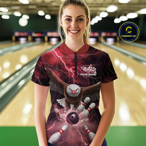 Custom Red Thunder Lightning Eagle Bowling Women Quarter-Zip Shirts, Bowling Jerseys IPHW9366