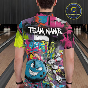 Custom Funny Graffity Colorful Bowling Polo Shirts For Men, Bowling Tournament Shirt IPHW9382