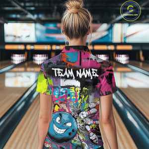 Custom Funny Graffity Colorful Bowling Polo Shirts For Women, Bowling Tournament Shirt IPHW9382