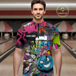 Custom Funny Graffity Colorful Bowling Quarter-Zip Shirts For Men, Bowling Tournament Shirt IPHW9382