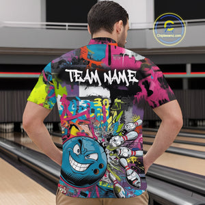 Custom Funny Graffity Colorful Bowling Quarter-Zip Shirts For Men, Bowling Tournament Shirt IPHW9382