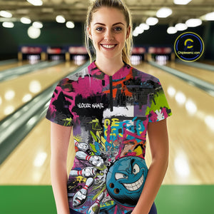 Custom Funny Graffity Colorful Bowling Women Quarter-Zip Shirts, Bowling Tournament Shirt IPHW9382