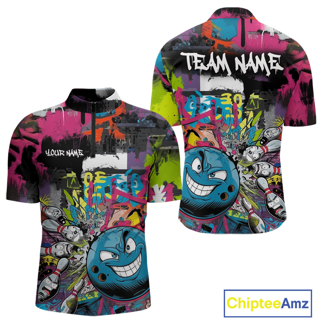 Custom Funny Graffity Colorful Bowling Quarter-Zip Shirts For Men, Bowling Tournament Shirt IPHW9382