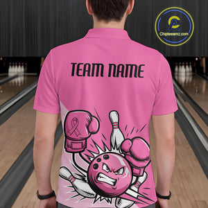 Custom Funny Pink Breast Cancer Bowling Men Polo Shirt, Breast Cancer Fighter Jerseys IPHW9395