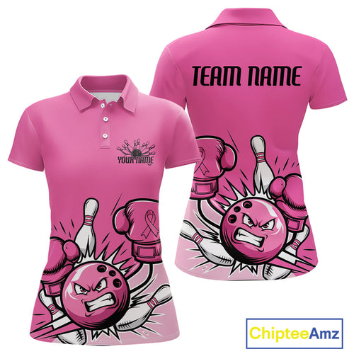 Custom Funny Pink Breast Cancer Bowling Women Polo Shirt, Breast Cancer Fighter Jerseys IPHW9395