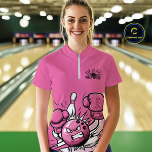 Custom Funny Pink Breast Cancer Bowling Women Quarter-Zip Shirt, Breast Cancer Fighter IPHW9395