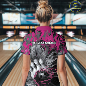 Custom Pink Flame Bowling Team Quarter-Zip Shirts For Women, Fire Bowling Jerseys IPHW9561